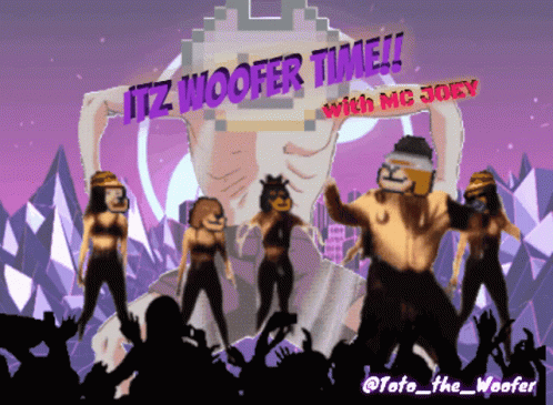 A Poster For Itz Woofer Time With Mc Joey Shows A Crowd Of People Dancing GIF