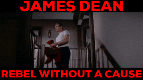 A Poster For James Dean Rebel Without A Cause With A Man On The Stairs GIF