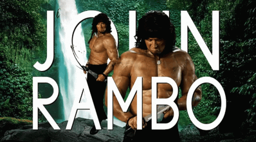A Poster For John Rambo With A Man Holding A Knife GIF