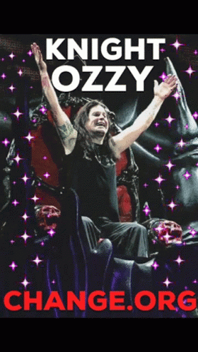A Poster For Knight Ozzy Shows A Man Sitting On A Throne With His Arms In The Air GIF