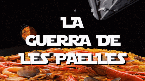 A Poster For La Guerra De Les Paelles With A Bowl Of Rice And Shrimp GIF