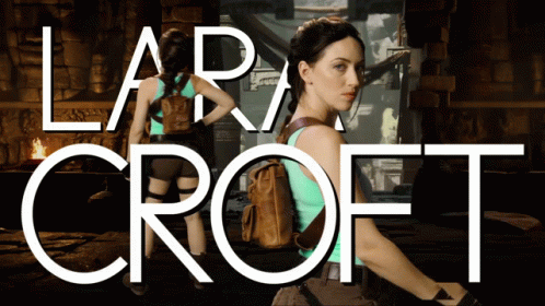 A Poster For Lara Croft Shows A Woman Holding A Sword GIF