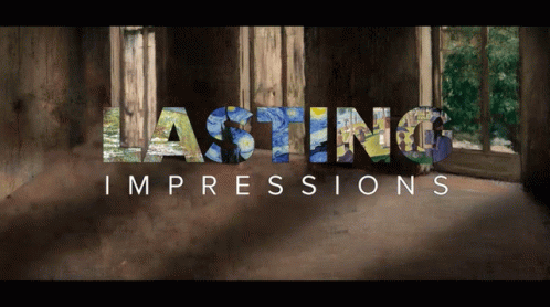 A Poster For Lasting Impressions Shows A Room With Paintings On The Walls GIF