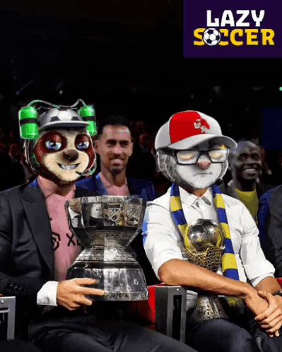 A Poster For Lazy Soccer Shows A Man Holding A Trophy Next To Another Man GIF