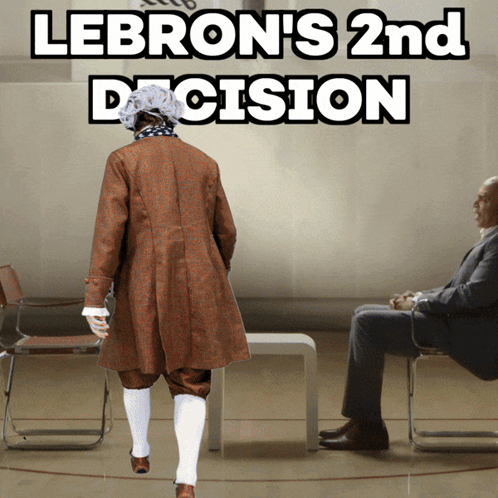 a poster for lebron 's 2nd decision shows a man in a brown coat walking towards a man in a suit