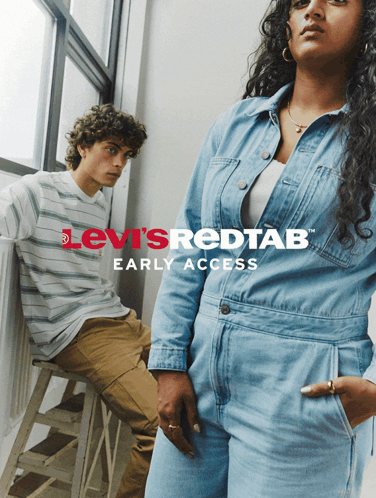 A Poster For Levi 'S Red Tab Early Access Shows A Man And A Woman GIF