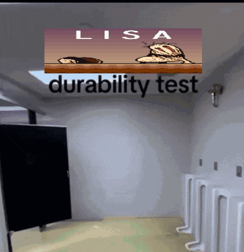 A Poster For Lisa Durability Test Hangs From The Ceiling GIF
