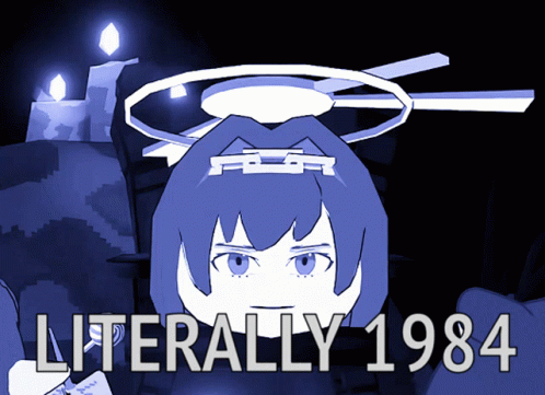 A Poster For Literally 1984 Shows A Girl With A Halo Around Her Head GIF