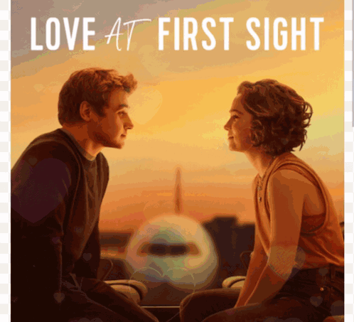 A Poster For Love At First Sight Shows A Man And Woman Looking At Each Other GIF