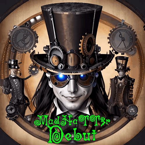 A Poster For Mad Hatter Debut Features A Man Wearing A Top Hat And Sunglasses GIF