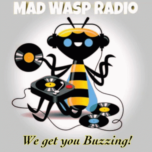A Poster For Mad Wasp Radio Shows A Bee Playing Records GIF