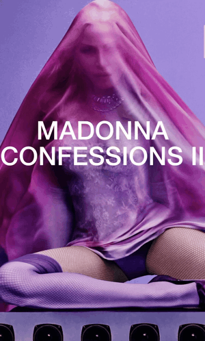 A Poster For Madonna 'S Confessions Ii Features A Woman In A Purple Dress GIF