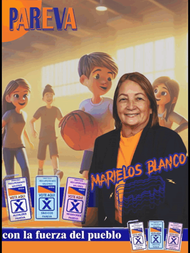 A Poster For Marielos Blanco Shows A Woman Holding A Basketball Surrounded By Children GIF