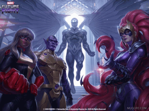 A Poster For Marvel Future Fight Shows A Group Of Superhero Characters GIF