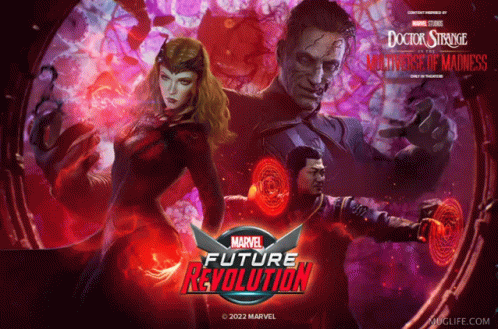 A Poster For Marvel Future Revolution Showing Doctor Strange Scarlet Witch And Doctor Strange GIF