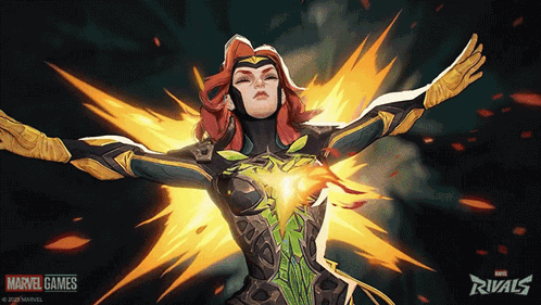 A Poster For Marvel Games Rivals Shows A Woman In A Superhero Costume GIF