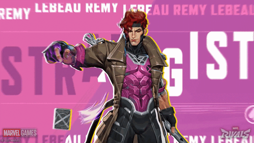 A Poster For Marvel Games Shows Gambit In A Purple And Brown Suit GIF