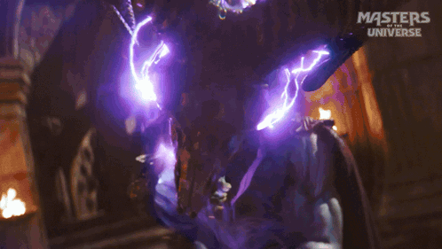 A Poster For Masters Of The Universe Shows A Purple Lightning Storm GIF