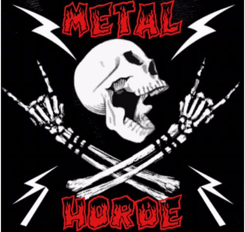 A Poster For Metal Horde With A Skull And Skeleton Hands GIF