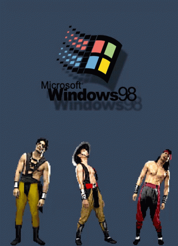 A Poster For Microsoft Windows 98 With Three Pixelated Warriors GIF
