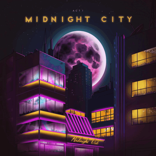 A Poster For Midnight City Shows A Full Moon Behind A Purple Building GIF