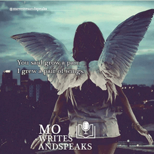 A Poster For Mo Writes And Speaks With A Woman With Wings GIF
