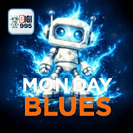 A Poster For Monday Blues Shows A Robot With Headphones GIF