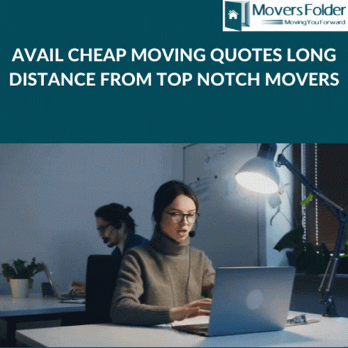 A Poster For Movers Folder Shows A Woman Sitting At A Desk Using A Laptop GIF