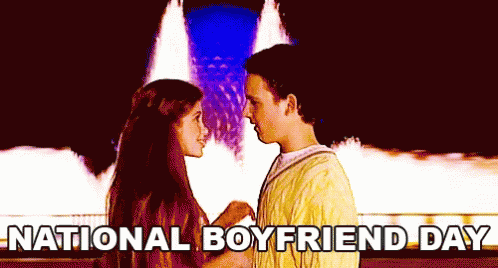 A Poster For National Boyfriend Day With A Man And A Woman Looking Into Each Other 'S Eyes GIF