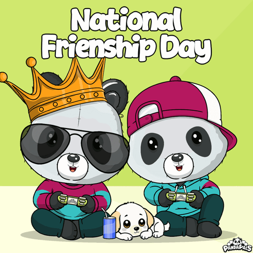 A Poster For National Friendship Day Shows Two Panda Bears Playing Video Games GIF