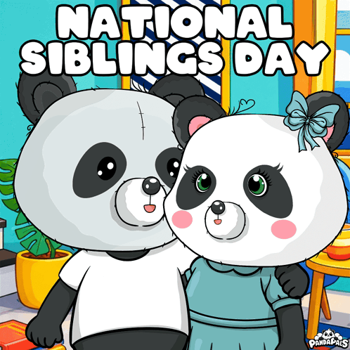 A Poster For National Siblings Day With Two Panda Bears Hugging GIF