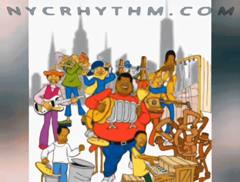 A Poster For Nycrhythm.com Features A Cartoon Of A Group Of Musicians GIF
