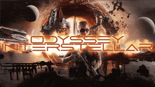 a poster for odyssey interstellar shows a man holding a rifle