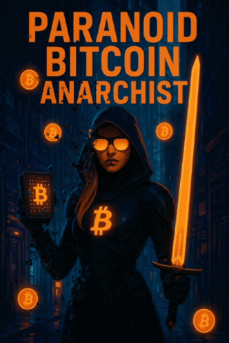 a poster for paranoid bitcoin anarchist shows a woman holding a sword and a book