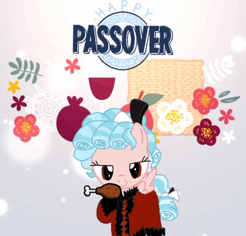 A Poster For Passover With A Pony Eating A Chicken Thigh GIF