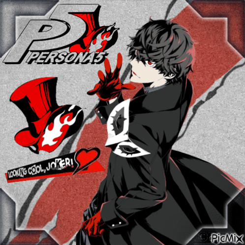 A Poster For Persona 5 Shows A Man In A Top Hat And Red Gloves GIF