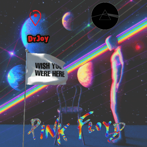 A Poster For Pink Floyd With A Man Standing In Front Of A Flag That Says Wish You Were Here GIF