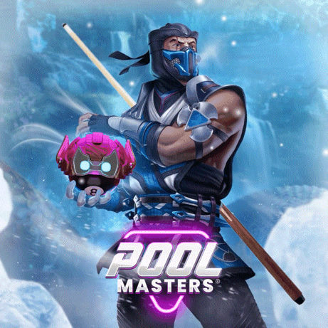 A Poster For Pool Masters Shows A Ninja Holding A Cue Stick GIF