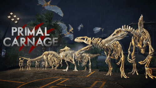 A Poster For Primal Carnage Shows A Group Of Dinosaurs GIF