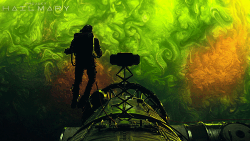 A Poster For Project Hailmary Shows A Man Standing On Top Of A Rocket GIF