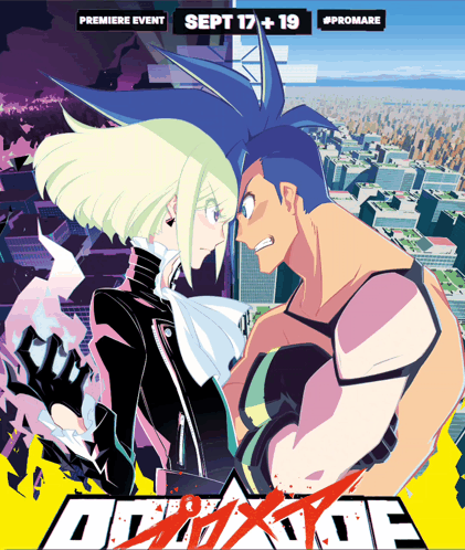 a poster for promare shows a man and woman facing each other