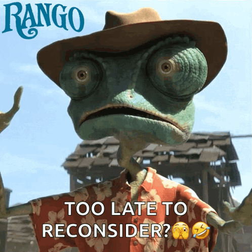 A Poster For Rango Shows A Lizard Wearing A Cowboy Hat And Shirt GIF