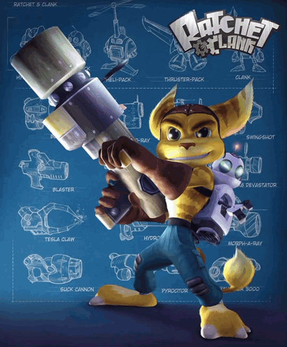 A Poster For Ratchet And Clank Shows A Cartoon Character Holding A Large Gun GIF