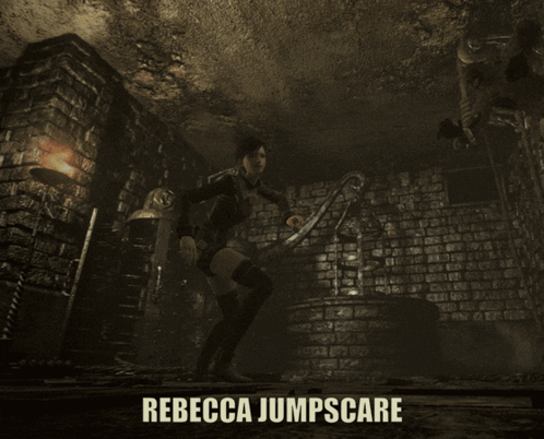 A Poster For Rebecca Jumpscare Shows A Woman Kneeling Down GIF