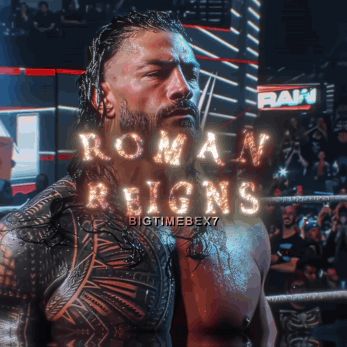 A Poster For Roman Reigns Shows A Man Standing In A Ring GIF