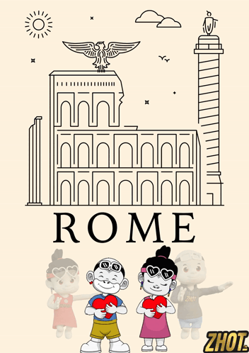 A Poster For Rome With A Boy And A Girl Holding A Heart GIF