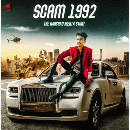 A Poster For Scam 1992 Shows A Man Sitting On The Hood Of A Rolls Royce GIF