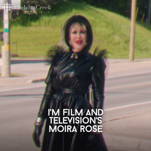 A Poster For Schitts Creek Shows A Woman In A Black Dress And Gloves GIF