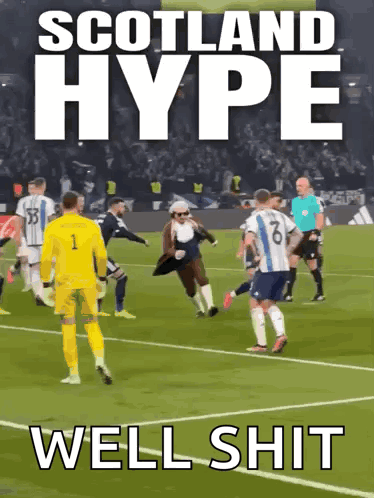 A Poster For Scotland Hype Shows A Man In A Tuxedo On A Soccer Field GIF