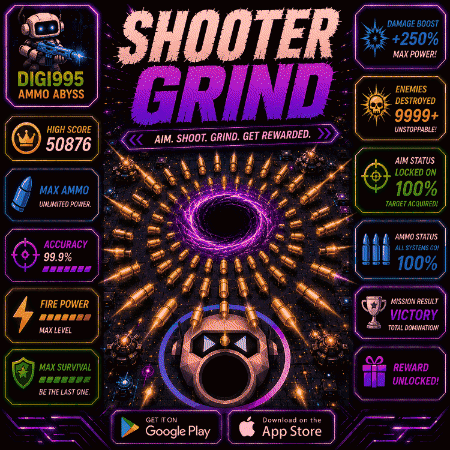 A Poster For Shooter Grind Has A Purple Background GIF